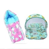 MOM & Son Baby Bedding Set Mattress with Net & Baby Sleeping Bag (0-3 Months) (Pink Kitty & Green)