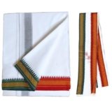 INIDHU Traditional Cotton Dhoti with Angavastram Set, White with Multicolor Border, Ethnic Wear,devotonal purposes,temple wear,Pack of 1 (Combo set)