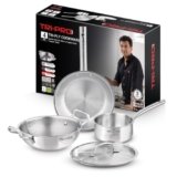 Bergner Tripro Triply Stainless Steel 4 Pc Cookware Set, 24 cm Indian Wok/Kadai with Lid, 22 cm Frypan, 16 cm Tea Pan, Even and Fast Heating, Induction Bottom, Gas Ready, Silver