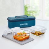 BOROSIL Teal Lunch Box with Bag, 2pc (320 ml x 2 Square), Horizontal Glass Office Tiifin 2 Containers Glass Office Lunch Box(320 ml)