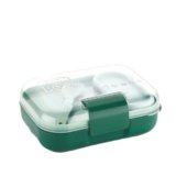 ATTRO Food Bite Kids Plastic Lunch Box – 3 Compartments, 1 Small Container & Spoon, with Stylish Lid BPA-Free, Freezer Safe, Ideal for School, Travel & Outdoor – Green