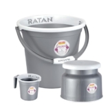 RATAN PLASTICWARE Plastic Bathroom Set of 3 Pieces Combo Pack Gloria Plain,18 Liters Bucket + Nova Stool Patla 107 + Gloria Plain Bath Mug 1 Liter – NIR Silver