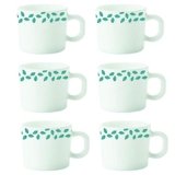 Borosil Larah Blue Leaves Opalware Cup Set (White, 100 Ml) – 6-Pieces