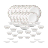 La Opala Opal Glass Crockery | for Family of 6 | Dinner Set 35 pcs Spring Meadows | Plates & Bowls for Dining | Microwave Safe | 100% Vegetarian | Extra Strong | Extra Light & White