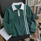 Try This Striped, Self Design Men Zip Neck Green, White T-Shirt