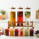 Red-Rubby 3 Tank Glass Beverage Dispenser Set with Wooden Stand | 2L Each Juice Dispenser with Tap & Lid + 6 Color Handle Glass Mugs (240ML) | Premium Drink Server for Lemonade, Parties & Home Use