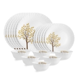 CELLO Tree of Life Dazzle Series Opalware Dinner Set of 18 Pieces for Family of 6 | Bone-Ash Free & Leadfree Opal Glass, Microwave & Dishwasher Safe, Plates & Bowls Crockery Set for Dinning & Gifting
