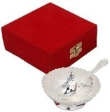 SWAY HOME DECOR Metal Floral Dessert Bowl – 0.1 Liter, 1 Piece Bowl 1 Piece Spoon (Silver)