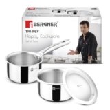 TriPro Triply 3 Pcs Stainless Steel Cookware Happy Set – Tope with Lid 16cm (1.5L) and Teapan 14cm (1L), Even and Faster Heating, Consumes Less Oil, Healthy Cooking – Induction and Gas Stove Ready