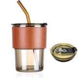 BHADUKIYA ENTERPRISES Glass Coffee Cup with Straw & Lid, Anti Skid Leather Sleeve Grip Handle Tumbler Mug for Hot & Cold Beverages,Tea Coffee Smoothies Juice 400ML(Set of 1)