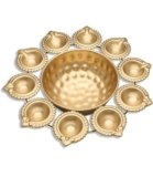 R Ayurveda Copper Diya Shape Flower Decorative Urli Bowl for Home Handcrafted Bowl for Floating Flowers and Tea Light Candles Home Table| Diwali Decoration (10 Inches) Magnetic Steel, Gold, 1 liters