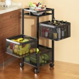 Homeor Multi-Purpose Mesh Rotating Trolley Storage Organizer & Kitchen Accessories Items for Kitchen Storage Rack Design for Fruits & Vegetable, 3 Layer, Black, Square – Metal