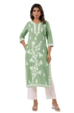 Janasya Women’s Light Green Pure Cotton Embroidered Straight Kurta (JAA25KR02256-P-S)