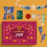GO DESi Rakhi Set For Brother – 12 Items | Share the Joy Gift Box | Evil Eye Stone Rakhi by Japam | DESi POPz: Tangy Imli, Real Aam, Kaccha Aam | Choco Meetha Paan | Coconut Barfi | Bombay Bhel | Roli Chawal Set | Rakhi For Brother And Bhabhi| Gifts for Raksha Bandhan | Raksha Bandhan Gift Hamper