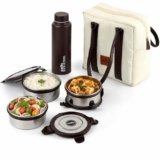 CELLO Urban Bite Lunch Box with Bag for Office Use, White Brown | 3 x 400ml Stainless Steel Containers, 800ml Water Bottle with Fork & Spoon, Leak Proof Airtight Clip Steel Tiffin Box Set for Travel