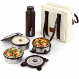CELLO Urban Bite Lunch Box with Bag for Office Use, White Brown | 3 x 400ml Stainless Steel Containers, 800ml Water Bottle with Fork & Spoon, Leak Proof Airtight Clip Steel Tiffin Box Set for Travel