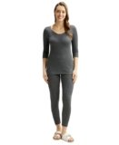 Jockey 2549 Women’s Super Combed Cotton Rich Three Quarter Sleeve Thermal Set with StayWarm Technology_Charcoal Melange_L