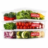 MILTON Cryo Fridge Storage Boxes Set of 6 Fridge Organizer Container with Waterproof Vinyl Stickers & Removable Drain Plate, Lid, Stackable Box, Plastic Containers 1500 ml, Transparent