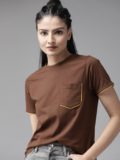 Roadster Solid Women Round Neck Brown T-Shirt