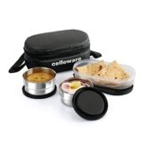CELLO Double Treat Set of 3 Pcs Lunch Box for Office Use with Jacket Black | 2 x300ml Stainless Steel Containers, 1 x Oval Container| Lightweight Leakproof Airtight Tiffin Box Case For School & Travel