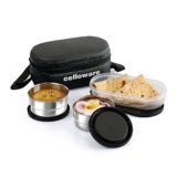 CELLO Double Treat Set of 3 Pcs Lunch Box for Office Use with Jacket Black | 2 x300ml Stainless Steel Containers, 1 x Oval Container| Lightweight Leakproof Airtight Tiffin Box Case For School & Travel