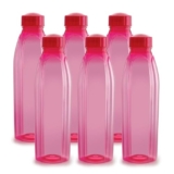 CELLO Crystal Water Bottles Set of 6 Pcs For Daily Use 1000ml Pink | Stylish & Unbreakable BPA-Free Leakproof Lightweight Refrigerator Safe Pet Water Bottle For School Home Gym Travel & Office