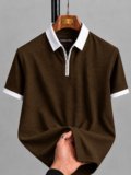 COMBRAIDED Self Design Men Polo Neck Brown T-Shirt