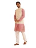 SOJANYA (Since 1958 Men’s Pink Woven Design Silk Blend Kurta with Pyjama & Cream Nehru Jacket