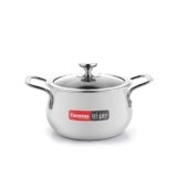 Crystal Trival Triply Stainless Steel Stock Pot | 3 Liters with Glass Lid | Biryani Pot, Handi Shaped/Casserole | Weight-1.7 kg | Induction Friendly | 100% Toxin-Free | Healthy Cooking, Less Oil Use