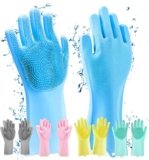 Homica Magic Silicone Dishwashing Gloves Heat-Resistant Reusable Scrubbing Gloves Kitchen Cleaning, Dishwashing Pet Grooming Car Wash & Bathroom Built-In Scrubber Bristles – Multicolor (1 Pair)