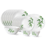 Larah by Borosil Bamboo Leaves Fluted Series Opalware Dinner Set Of 6 Full Plate, 6 Quarter Plates, 6 Veg Bowls, 2 Serving Bowl and 1 Oval Rice Plate | Bone-Ash Free Crockery (White, 21 Pieces)