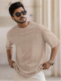 Force Self Design Men Round Neck Beige T-Shirt