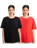 Amazon Brand – Symbol Women’s Cotton Stretch Oversized Fit Round Neck Half Sleeve T-Shirt (Combo Pack of 2) (TS-8 Cont_Black & RED_3XL)