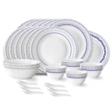 Larah by Borosil Jazzblue Fluted Series Opalware Dinner Set | 33 Pieces for Family of 6 | Microwave & Dishwasher Safe | Bone-Ash Free | Crockery Set for Dining & Gifting | Plates & Bowls | White