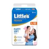 Little’s Premium Baby Diapers L Size (Large) Pants Style | 9-14 kg | 62 Count | Super Jumbo FluffySoft Baby Diaper with Leakage Guard, Wetness Indicator & 12 Hours Absorption
