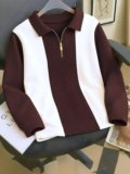 AOOSH Striped Men Polo Neck White, Brown T-Shirt