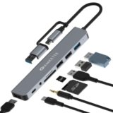 Amkette 8-in-1 Plus (A+C) USB Hub for Laptop, USB Hub Type C with USB 3.0, SD/TF Card Reader, 3.5mm Audio Jack, External HDD Support, Type C Hub Compatible with Windows, macOS & Linux
