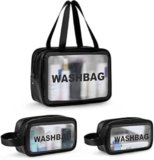 KASHIVAL Clear Travel Toiletry Bags Set, Waterproof Organizer Pouches, Large Capacity Storage Cases for Cosmetics, Accessories, 3 Pack (Black)