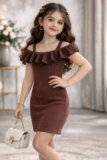 YCT Girls Above Knee Party Dress(Brown, Sleeveless)