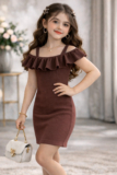 YCT Girls Above Knee Party Dress(Brown, Sleeveless)