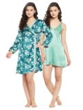 Clovia Women’s Satin Printed Short Night Dress & Robe Set (NS1486P36_Teal_S)