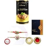 DeoDap Raksha Bandhan Gift Combo – Set of 2 Rakhis (1 Round Shape & 1 Mayur Design) with Almond Chocolate (96g), Silver Colour Coin & Greeting Card