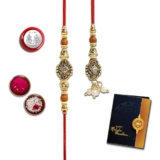 Oblivion Rakhi Set for Bhai and Bhabhi –Beaded Gold for Bhai 1 Pc and Lumba for Bhabhi 1 Pc– Silver Color Pooja Coin and Greeting Card Combo