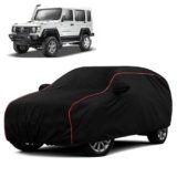 Sulfar 100% Water Resistant Car Body Cover Compatible with Mirror for Force Gurkha (Triple Stitched, Full Bottom Elastic, Black with Red Piping)