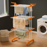 Happer Premium Clothes Stand for Drying with Wheels | Portable | 3 Layer Rack for Balcony | Foldable Wings | 24 Hanger Rods | Anti Rust Steel Metal (Orange | Prince Jumbo)