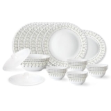 Larah by Borosil Ora Gold Fluted Series Opalware Dinner Set | 23 Pieces for Family of 6 | Microwave & Dishwasher Safe | Bone-Ash Free | Crockery Set for Dining & Gifting | Plates & Bowls | White