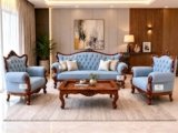 AS Wooden Handicraft Royal Carved Wooden Sofa Set | 3+1+1 Seater | with Floral Tufted Sky Blue Upholstery with Pillow Maharaja Carving | Victorian Style Furniture Tufted Sofa Set Walnut