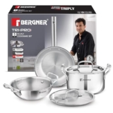 Bergner TriPro 5 Pcs Triply Stainless Steel Cookware Set – 24cm (3L) Kadai with Lid, 20cm (3.4L) Casserole/Biryani Pot with Lid, 22cm (1.5L) Frypan, Less Oil Use, Healthy Cooking – Induction Bottom