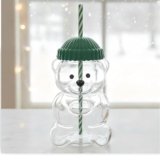 Glass Bear Cup with Reusable Straw & Lid, 20 oz Cute Bear Shape Glass Tumbler for Hot & Cold Drinks, Clear Drinking Mug for Water, Juice, Smoothies, Iced Coffee, Home, Office & Gifting
