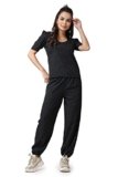 POPWINGS Casual Printed Top and Joggers Co-Ord Set for Women – Stylish Summer Round-Neck Combo Black